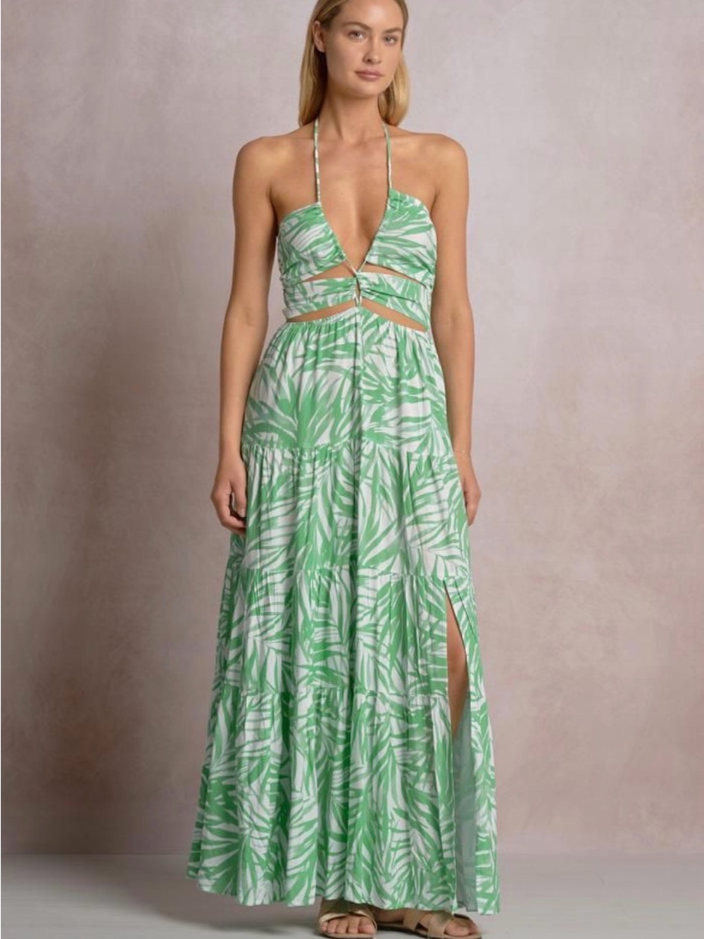 Elan Cutout Cover-Up Maxi Dress Leaf Green White Size xs Summer Halter